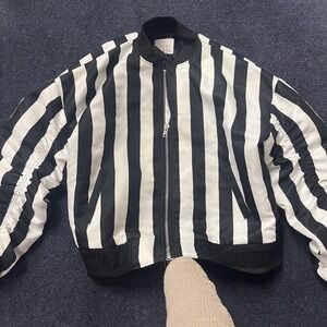 Grey Lab Jacket Womens S/M Black White Stripe Bomber Ruched Sleeve Zip Casual